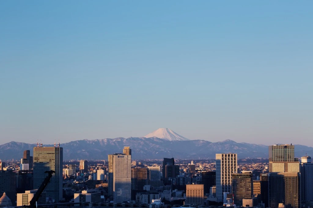 Views across Tokyo skyline towards Mount Fuji